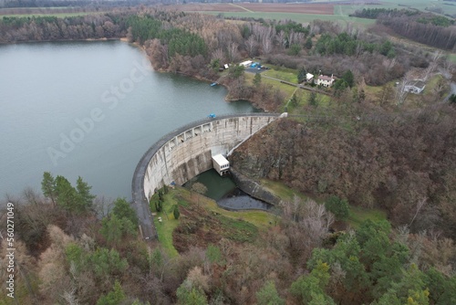 Vrchlice water dam on Vrchlice river by Kutna Hora,aerial panorama landscape view, Bohemia,Czech republic