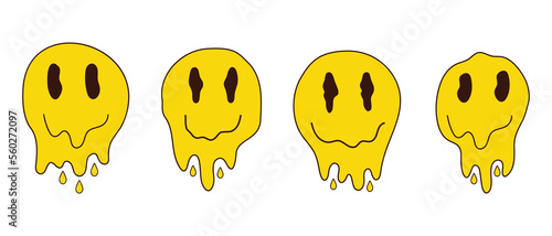 Set of psychedelic quirky face. Melted smile faces in trippy acid rave style. Design for stickers, sweatshirts, t-shirts. Vector illustration