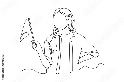 Single one line drawing young girl smiling and holding flag in hand at the celebration of presidents day. Presidents Day Concept. Continuous line draw design graphic vector illustration.