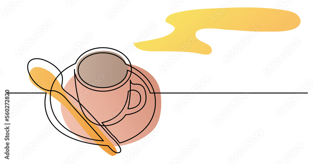 continuous line drawing of cup of coffee with spoon and saucer color - PNG image with transparent background