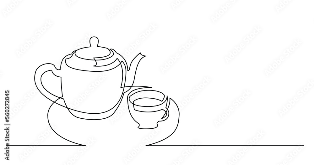 continuous line drawing of cup of tea and tea pot - PNG image with transparent background