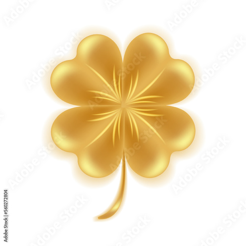 Golden shamrock 3d. Symbol of Happy St. Patrick's Day and good luck. Clover leaf isolated on white background. Vector illustration.