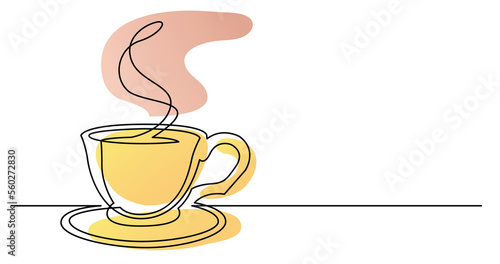 Foto continuous line drawing of cup of hot coffee with saucer color - PNG image with