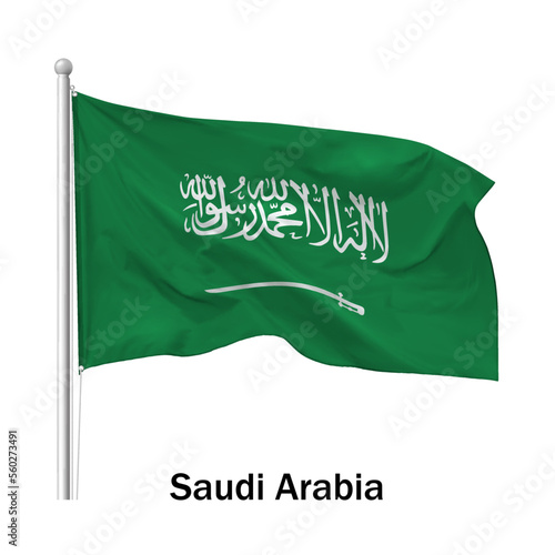 Flag of the Kingdom of Saudi Arabia in the wind on flagpole, isolated on white background, vector