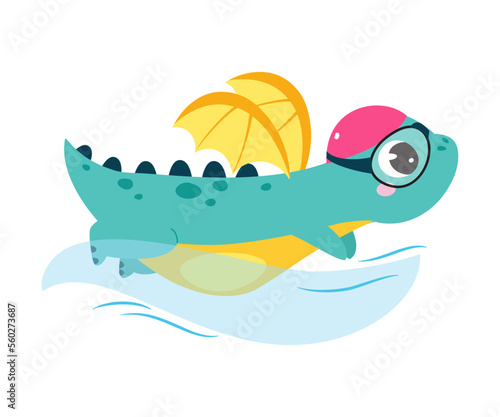Fototapeta Naklejka Na Ścianę i Meble -  Cute Little Dragon with Wings Swimming in Water in Cap and Goggles Vector Illustration