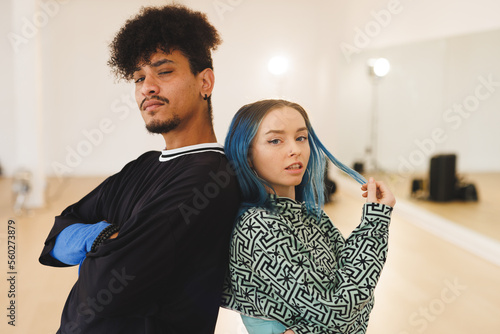 Image of diverse male and female hip hop dancers posing to camera