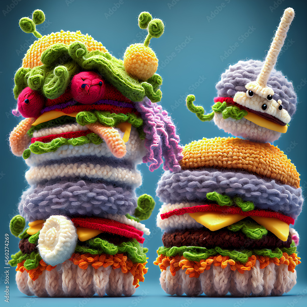 Generative AI. Illustration of cute and delicious hamburger doll made of wool. children's cartoon animation movie style. Fast food background