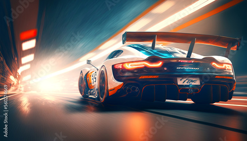 Sport racing car at high speed riding in illuminated road tunnel. Postproducted generative AI digital illustration.