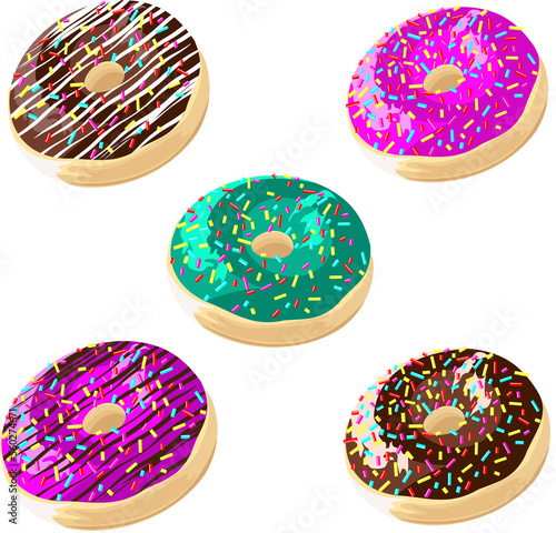 Pieces of donuts decorated with colored glaze, chocolate and sparkles on a white background