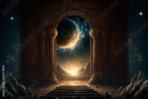 A huge dimensional door, opposite the door is a wonderful world With Generative AI