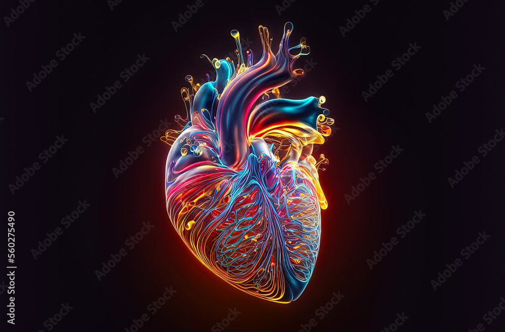 Glowing lines at human heart 3D shape on dark background. Postproducted ...