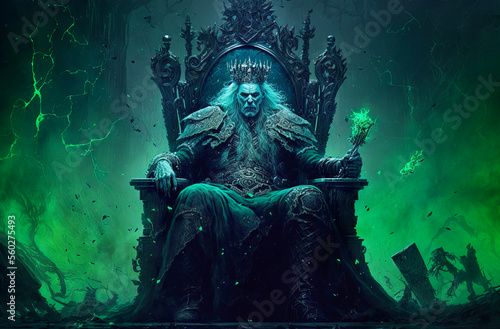 King of the Poisoned realm sitting on his throne. Postproducted generative AI digital illustration.