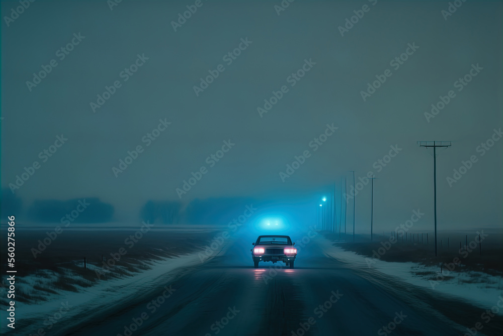 A mysterious car waits on a snowy lonely road.	