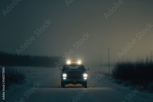 A mysterious car waits on a snowy lonely road.	