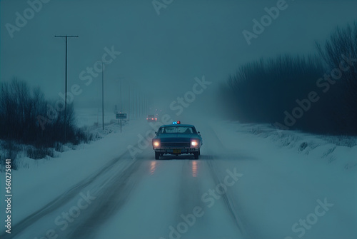 A mysterious car waits on a snowy lonely road.  © ECrafts