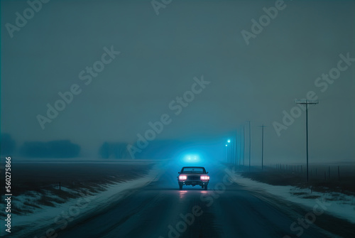 A mysterious car waits on a snowy lonely road. 