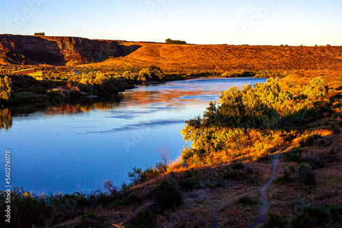 Snake river flowing though lava canyon in Canyon county, Idaho at sunset