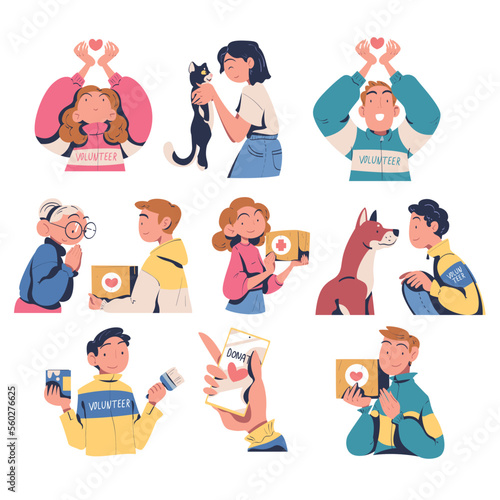 Volunteering with Volunteer with Carton Box Sharing Love Giving Aid Vector Set