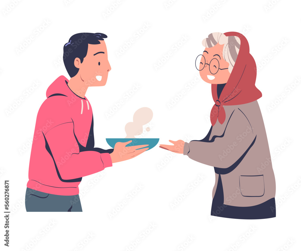 Volunteering with Man Volunteer Giving Senior Woman Hot Soup Vector Illustration Volunteering with Man Volunteer Giving Senior Woman Hot Soup Vector Illustration