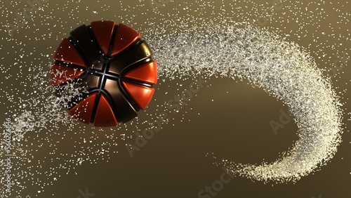 Black-Orange Basketball with Diamond Water Particles under White-Brown Lighting Background. 3D illustration. 3D high quality rendering. 3D CG. © DRN Studio