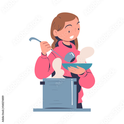 Volunteering with Woman Volunteer Serving Hot Soup with Ladle and Bowl Giving Homeless People Warm Food Vector Illustration
