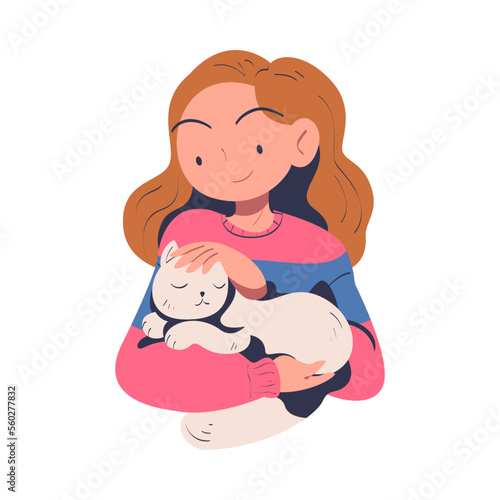 Young Woman Volunteer Caring of Homeless Cat Pet Stroking It Vector Illustration