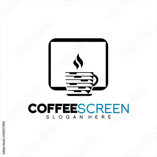 Unique coffee mug vector logo design with computer LCD screen.
