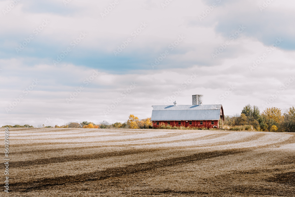 Fototapeta premium Old red farm barn in a field