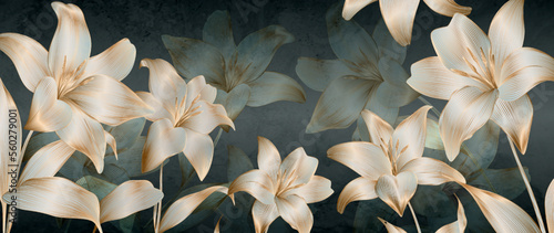 Art background with white lily flowers with golden elements in line style. Botanical dark hand drawn banner for decoration, print, wallpaper, textile, interior design.