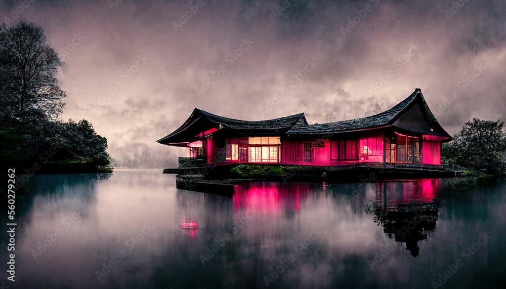 Japanese garden with cherry blossom, sakura, houses reflecting in the lake ,made with Generative AI