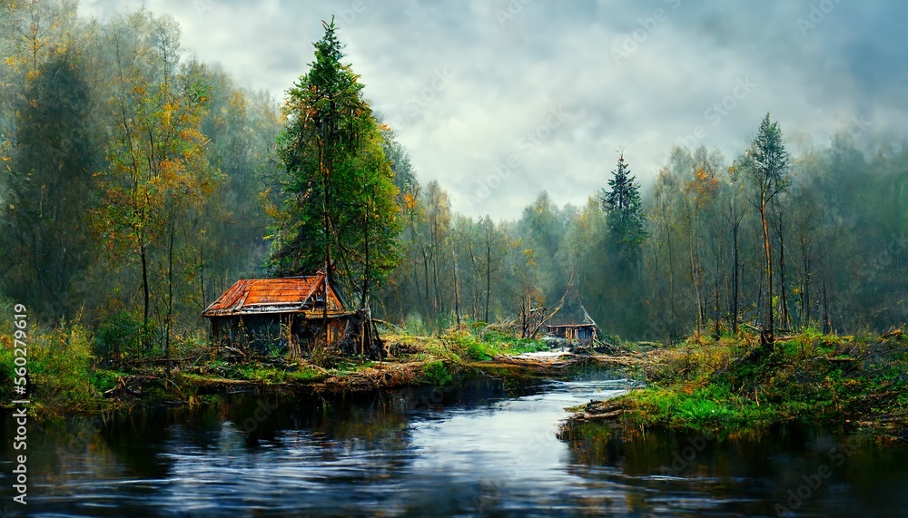 Obraz premium Old dilapidated house with lake, mountain landscape ,made with Generative AI