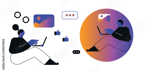Friends chatting. New generation. Concept of social networks, virtual relationships. Friends chatting and texting. Vector flat illustration.