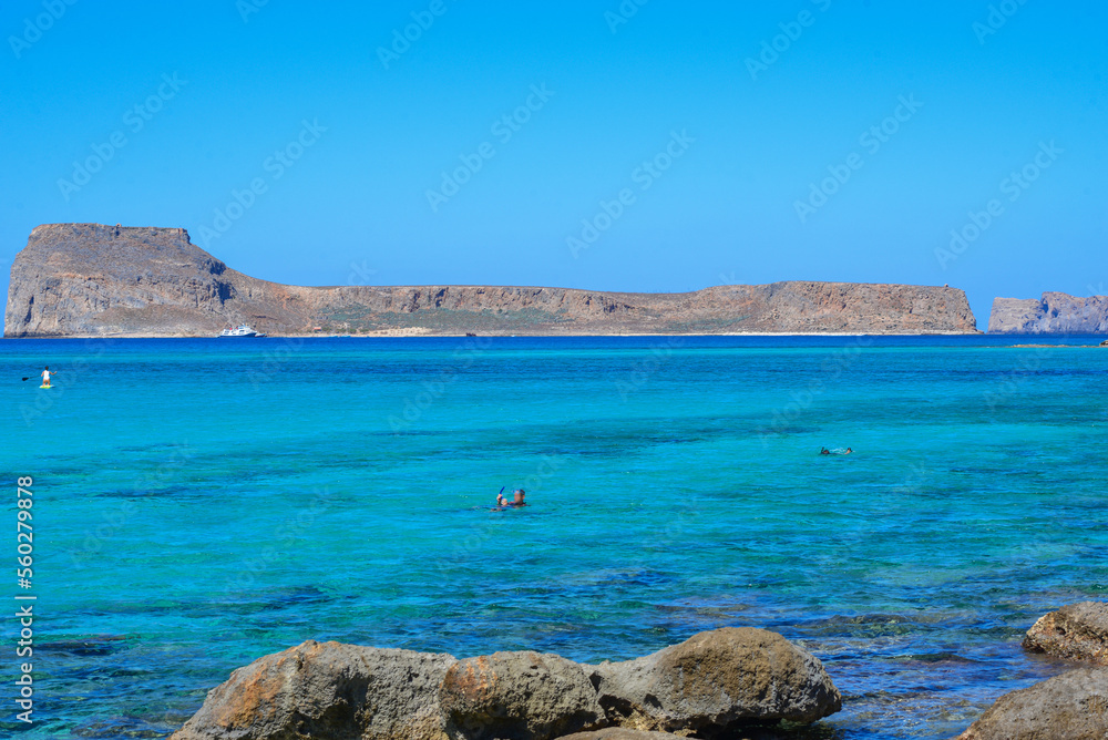 Blick von der Balos  Bucht auf die Insel Gramvousa, Kreta (Griechenland)	
