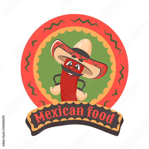 Cartoon comic character chilli pepper with sombrero. Latinamerican elment. Mexican food text. Doodle drawn vector illustration for dishes  menu  poster  flyer  banner  delivery  cooking concept