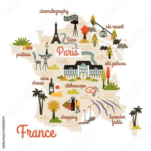 France map hand drawn in cartoon style. Cultural landmarks, national symbols, flora, inventions, tourist attractions, food, text, architectural sights. Vector flat illustration for infographic, poster