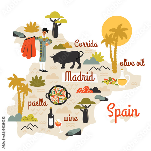 Spain map hand drawn with doodle elements. Tourist attractions, cultural landmarks, bullfighting clipart, bull, paella, traditional food, olive oil, flora, mountains. Vector flat cartoon illustration