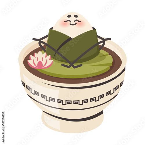 National Japanese food. Cute onigiri in lotus pose meditating. Rice ball with sauce, flower. Doodle drawn vector illustration for menu, poster, flyer, banner, cooking concept