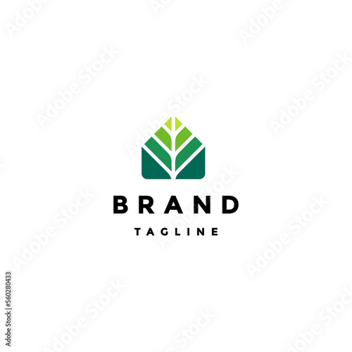 Simple Natural House Logo Design. House Icon With Green Leaf Segment Motif Logo Design.