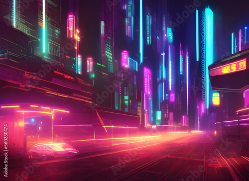 Road in a cyberpunk style city at night with illuminated skyscrapers moving traffic and glowing neon signs. generative ai