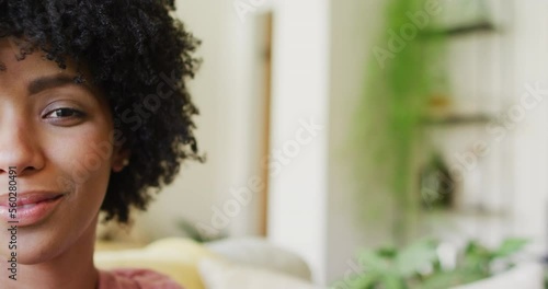 Video half face portrait of smiling biracial woman laughing at home, with copy space photo
