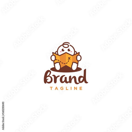 Cute Treasure Hunt Logo Design. Cute Baby Reading Treasure Map Illustration Design.