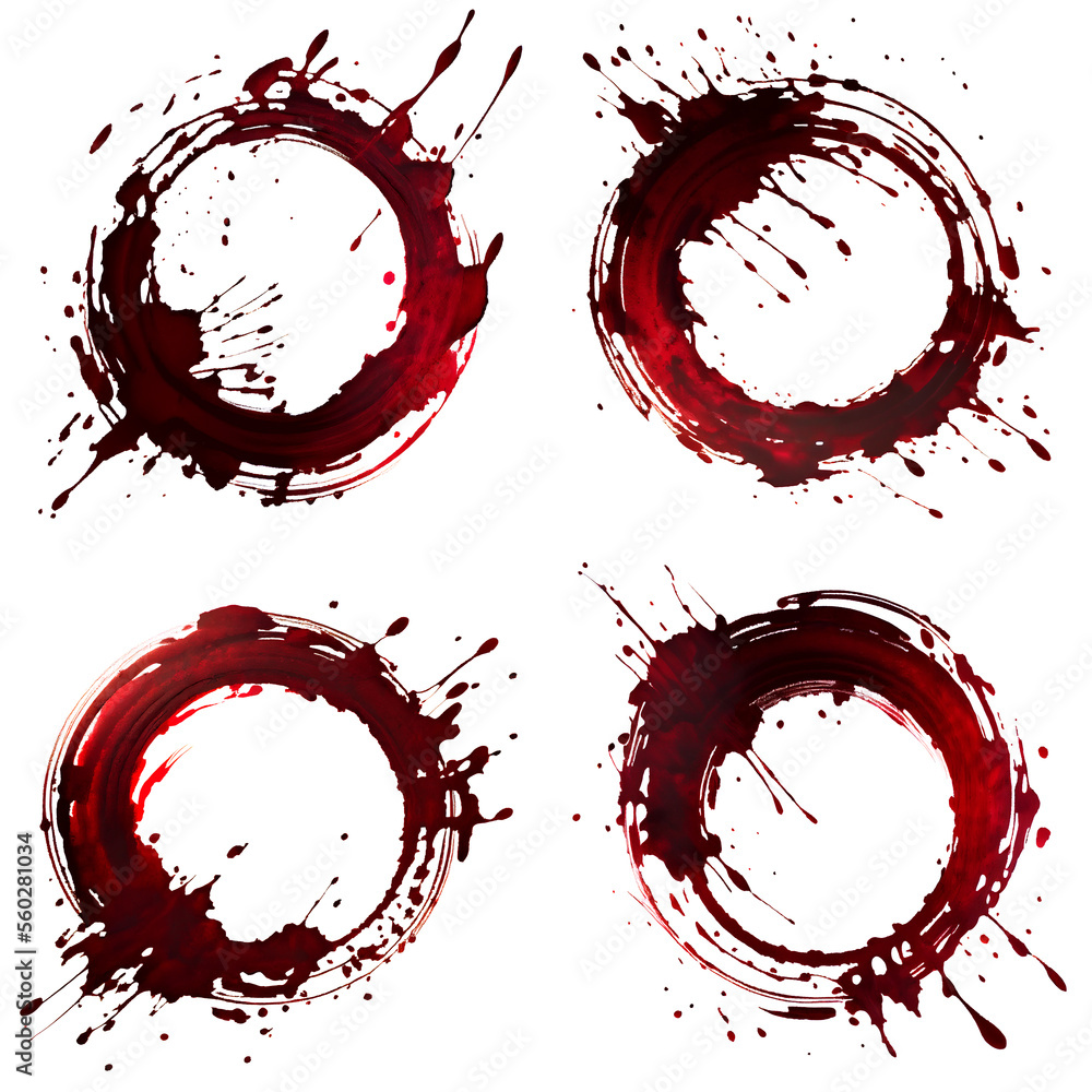 Ring Shape Red Set of hand drawn ring shapes of dark red paint. Grunge red ink blood ...