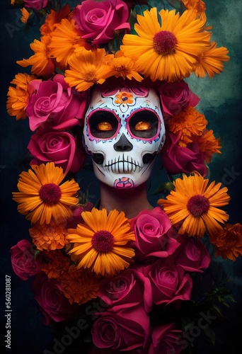 Girl with mask for Dias de la muerte, day of the dead a mexican celebration ,not a real person, made with Generative AI