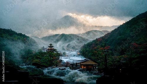 Natural hot spring bath surrounded by mountains, japanese onsen ,made with Generative AI