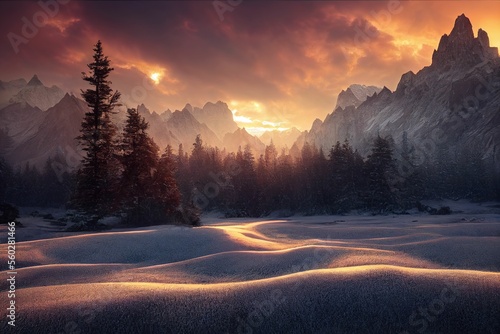 Snowy mountain range landscape, frozen environment with snow ,made with Generative AI © DNY3D