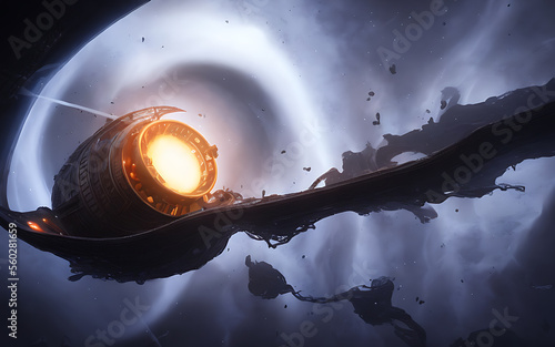 Fototapeta Generative AI Illustration of spaceship nearing black hole