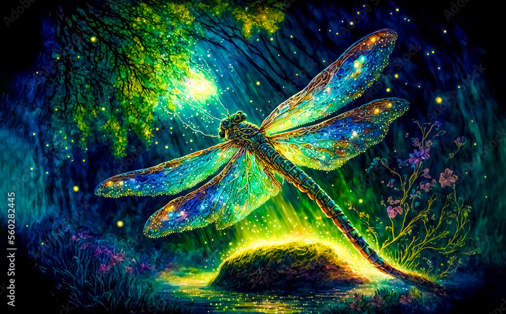 A fluttering dragonfly flies in the night fantastic enchanted forest under the moonlight. Fairy tale concept. - obrazy, fototapety, plakaty 