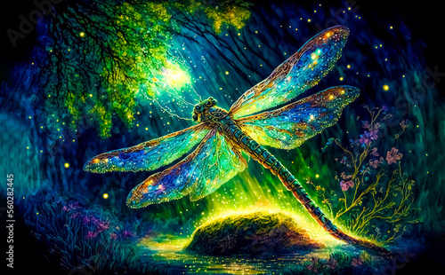 A fluttering dragonfly flies in the night fantastic enchanted forest under the moonlight. Fairy tale concept.