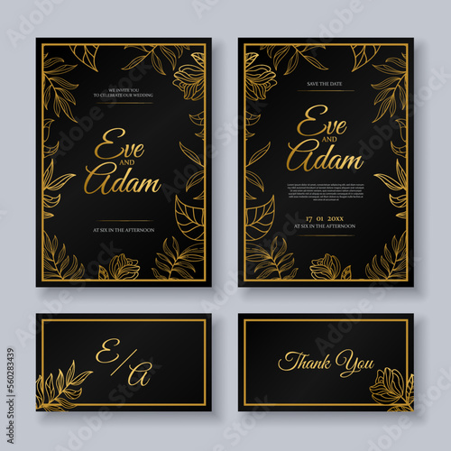 Modern formal wedding invitation template with golden floral element. Elegant and classy wedding invitation
