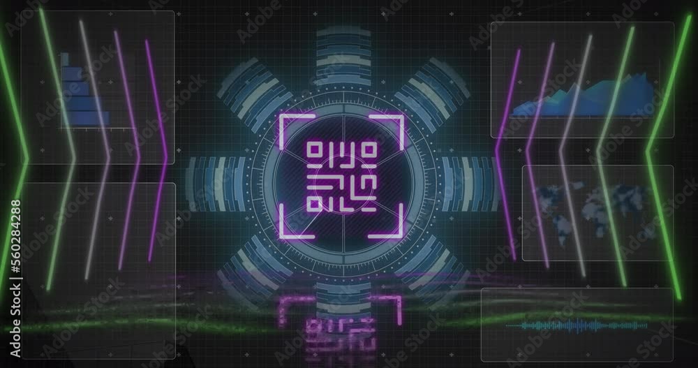 Animation of qr code scanner over interface with data processing against black background Animation of qr code scanner over interface with data processing against black background